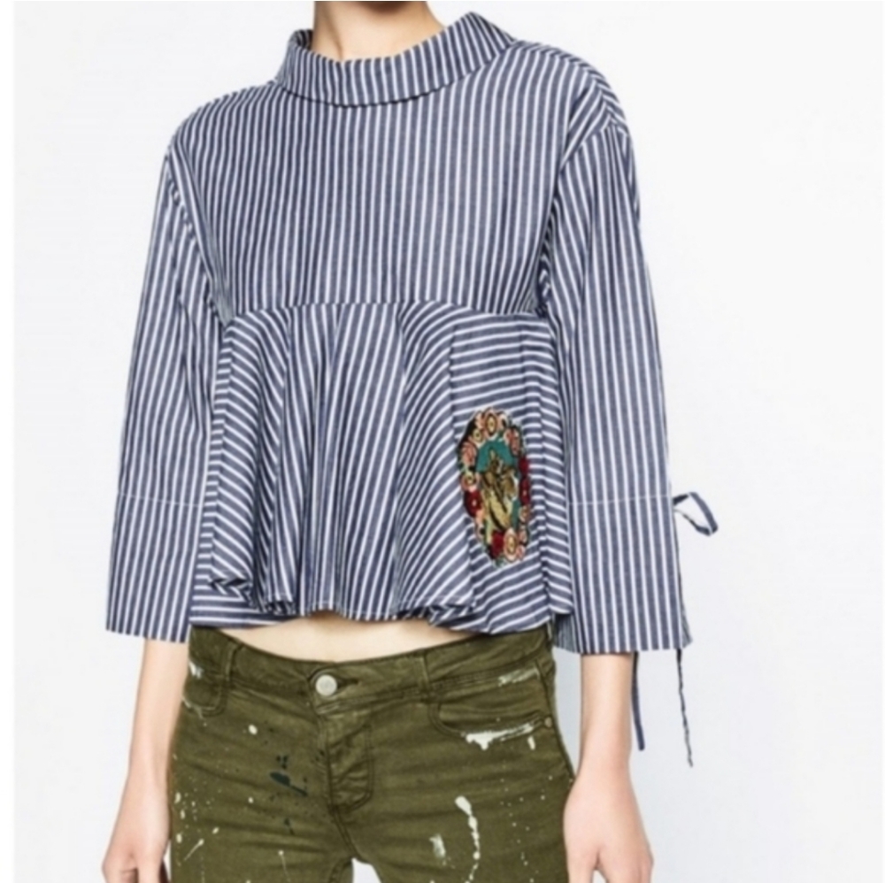 Zara peplum striped blue/white crop blouse women's size medium